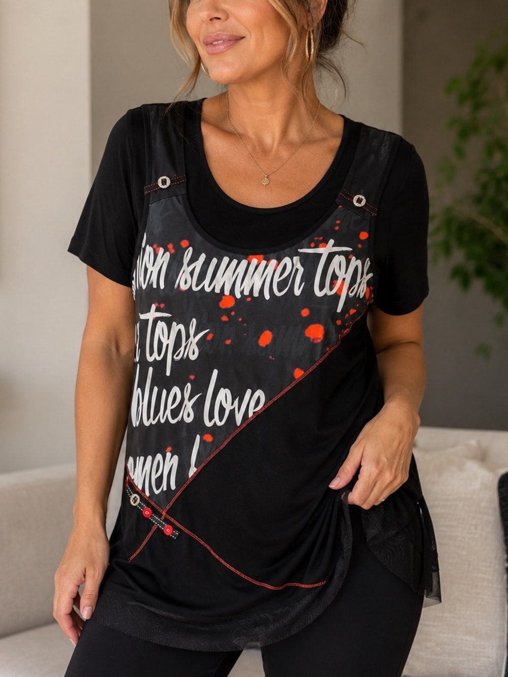 Black Graphic Overlay Scoop Neck Women’s Top